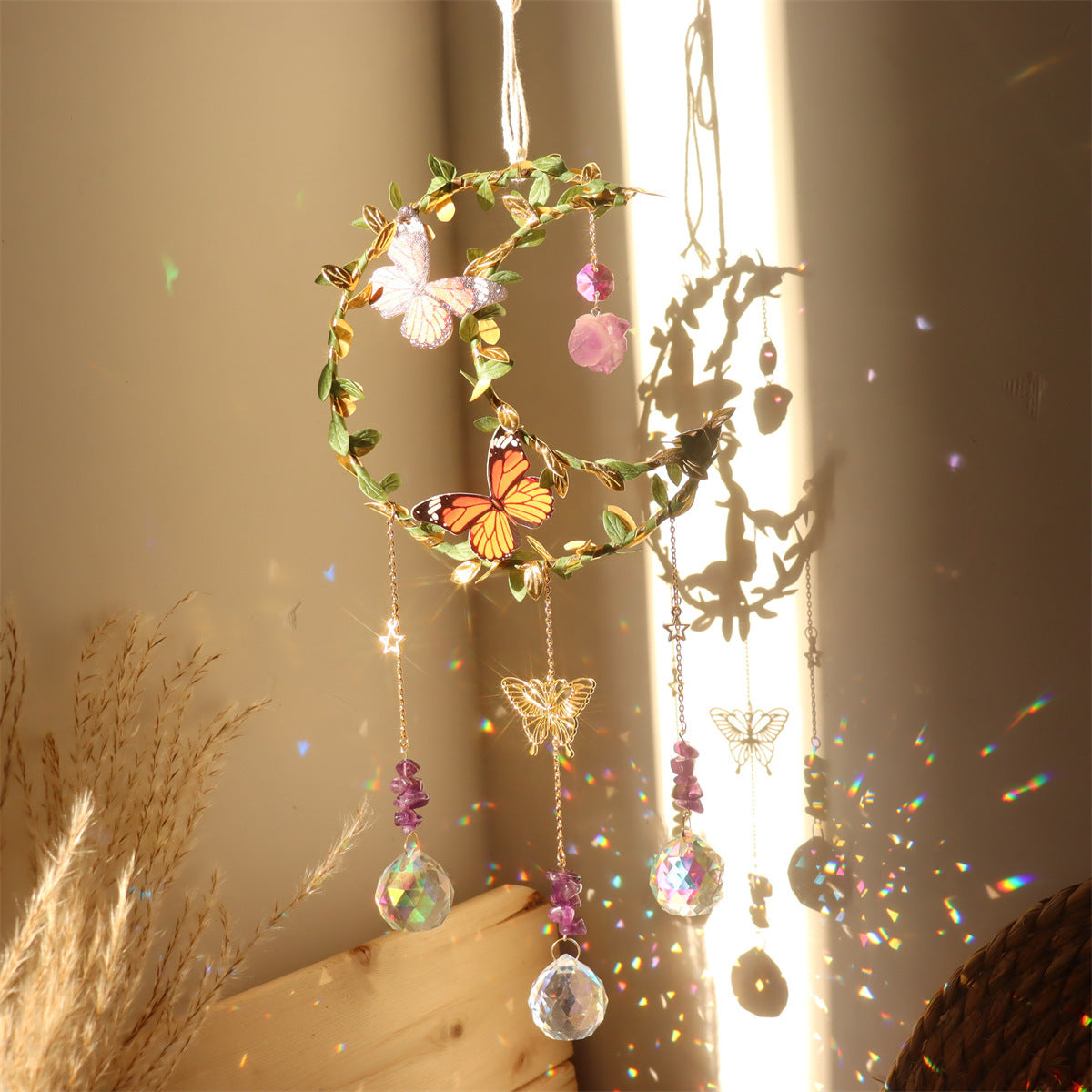 Natural Crystal Leaf Flower Butterfly Leaves Moon Wind Chimes Sun Catcher Pendant