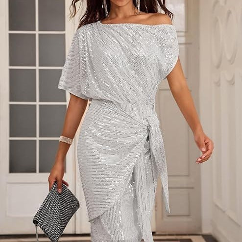 Women's Fashion Shoulder Asymmetric Lace-up Beaded Dress