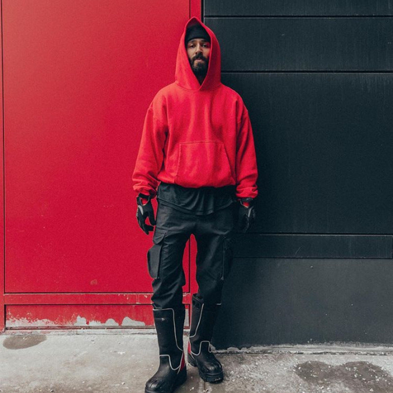 Fleece-lined Solid Color Hooded Sweater For Men