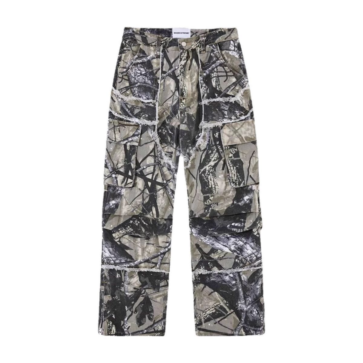 Camouflage Raw Hem Jeans Men And Women Multi-pocket Workwear