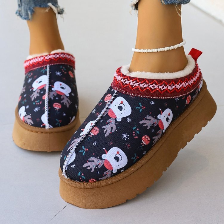 Women's Shoes Cartoon Pattern Thick Bottom Plush Low Top Toe Cap Lazy Slippers