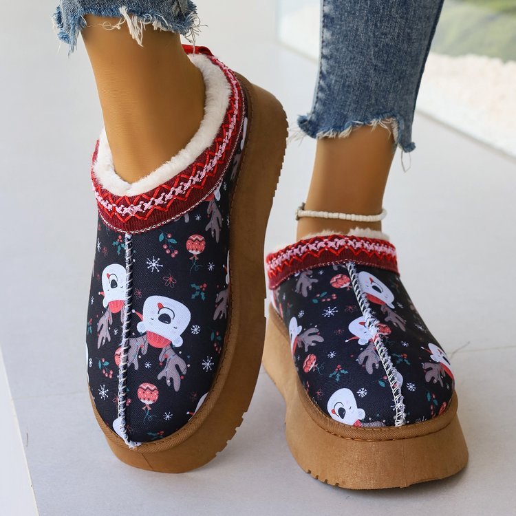 Women's Shoes Cartoon Pattern Thick Bottom Plush Low Top Toe Cap Lazy Slippers