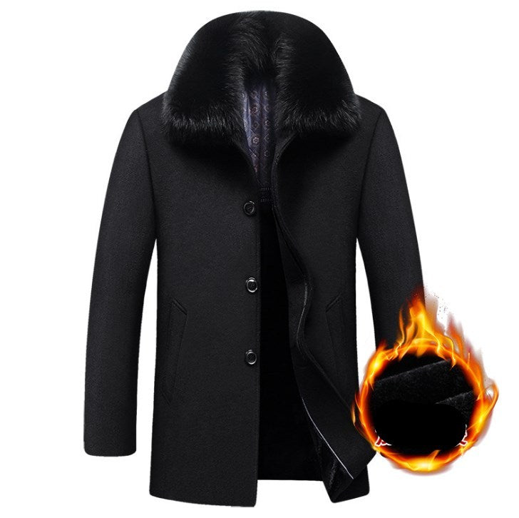 Middle-aged men's coat long men's large fur collar plus velvet quilted thick wool windbreaker