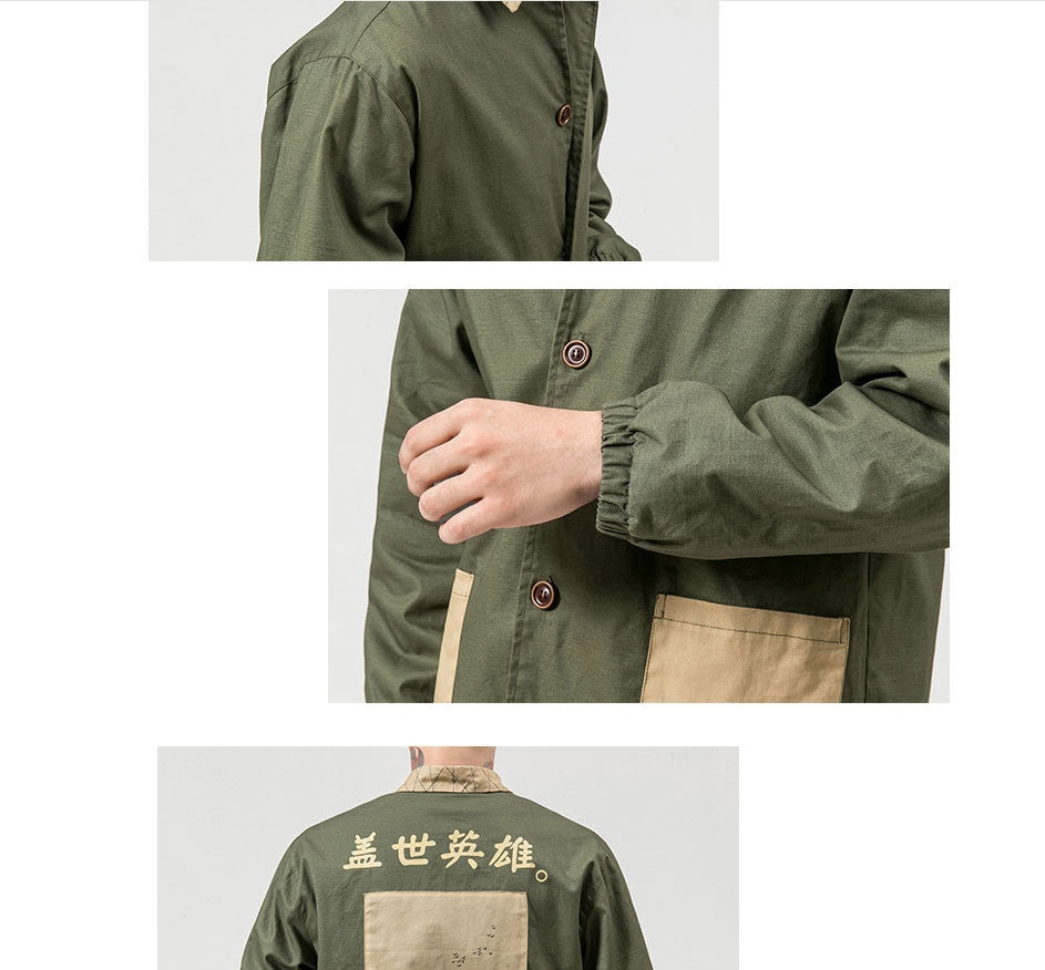 Autumn new men's printing casual large size jacket Chinese style retro buckle casual loose jacket