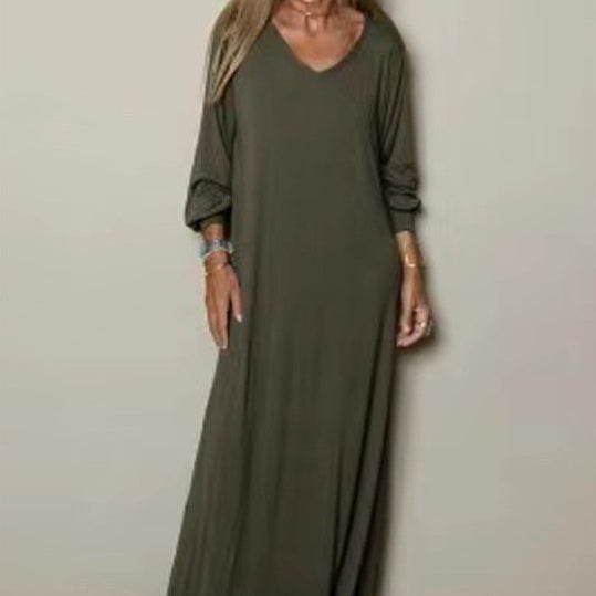 Cross-border Amazon Hot Sale Ladies Casual Robe Plain Long Sleeve Split Dress