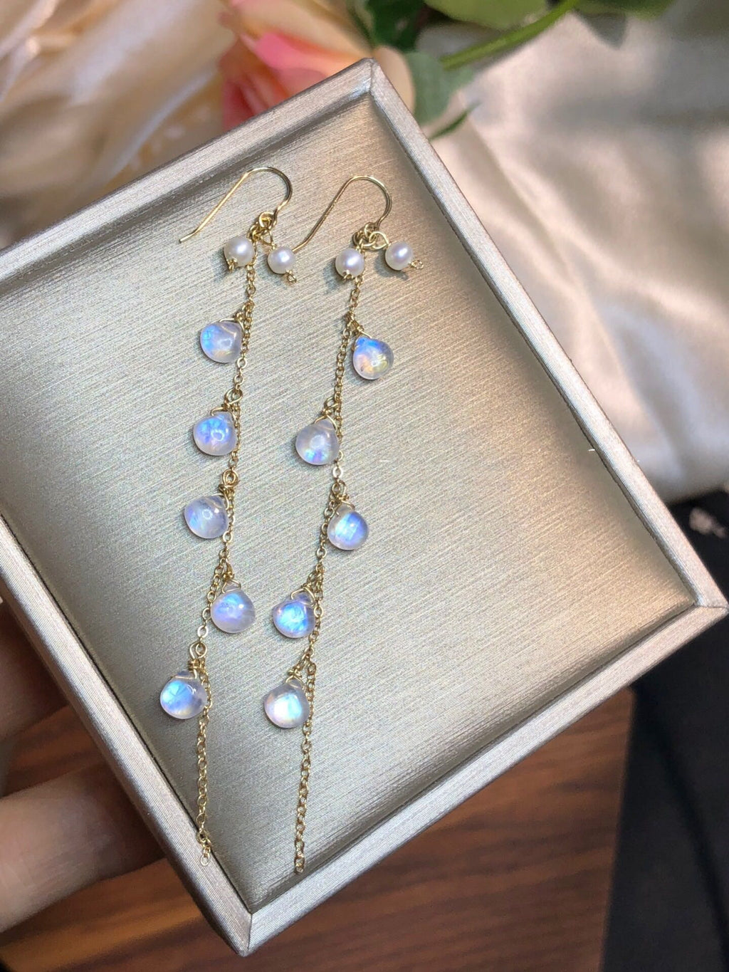 Moonlight Stone Wrapped Vintage Tassel 14k Earrings