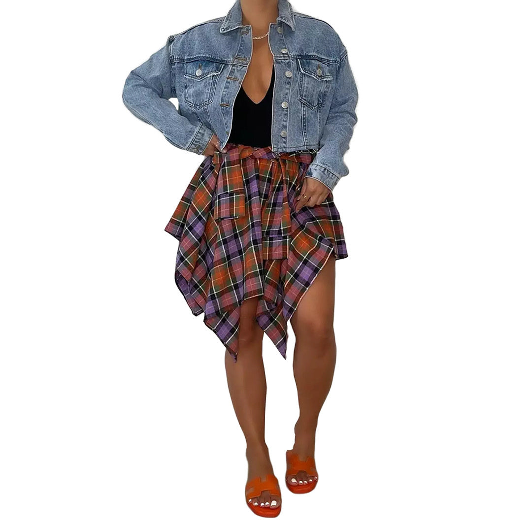 Women's Fashion Irregular Plaid Tied Sleeve Shirt Skirt