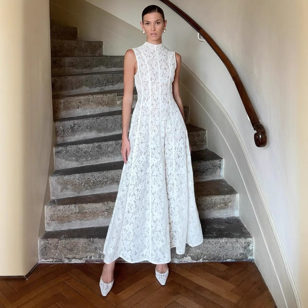 Half Turtleneck Sleeveless Lace High Waist Slim Fit Dress European And American