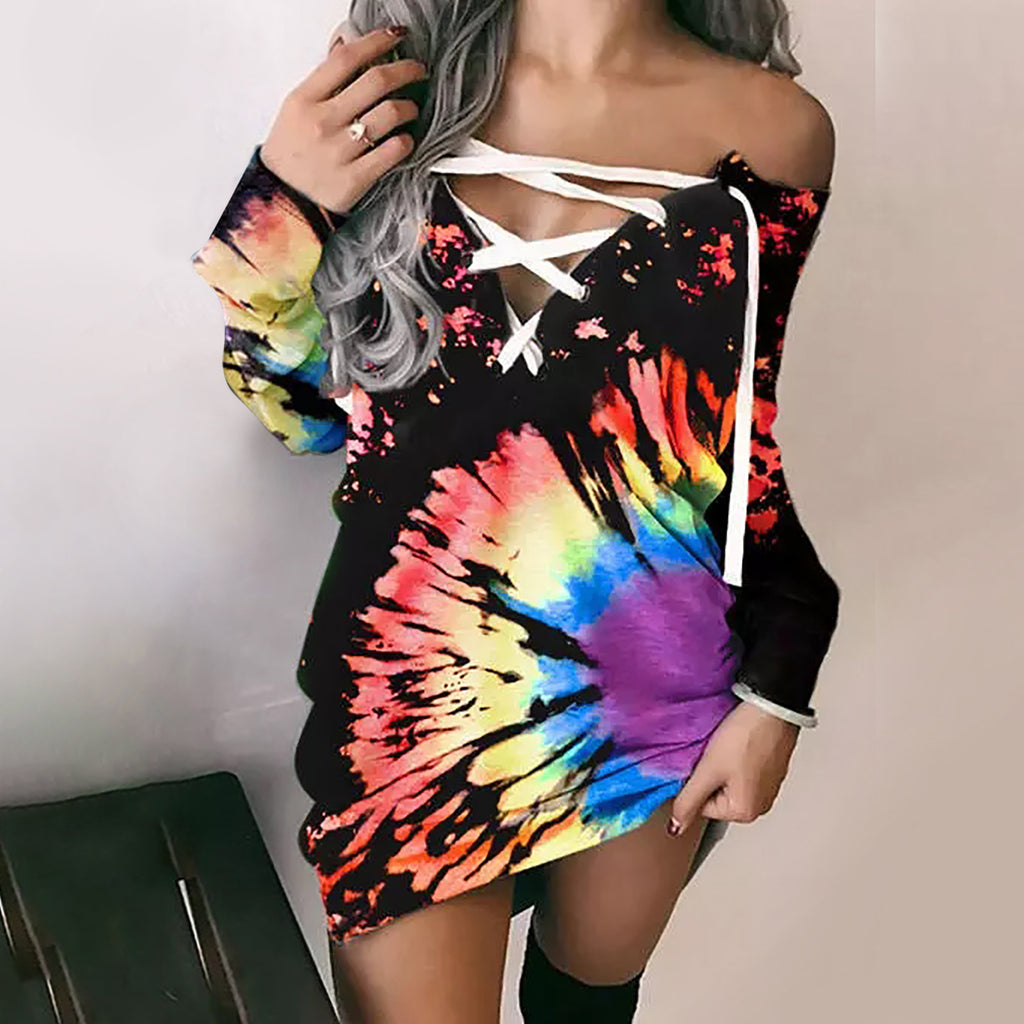 Women's Printed Off-shoulder Corns Lace-up Long Sleeve Top