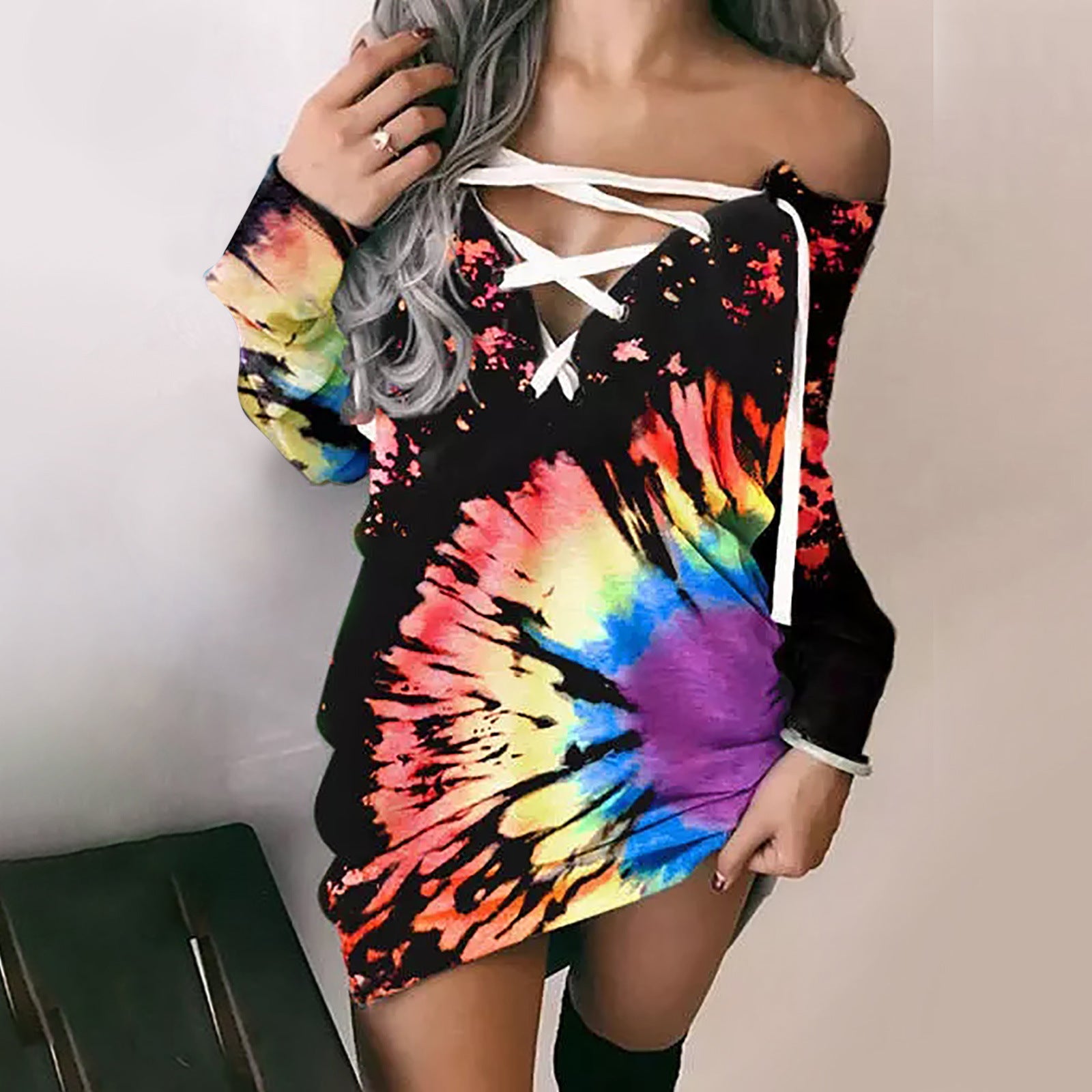 Women's Printed Off-shoulder Corns Lace-up Long Sleeve Top