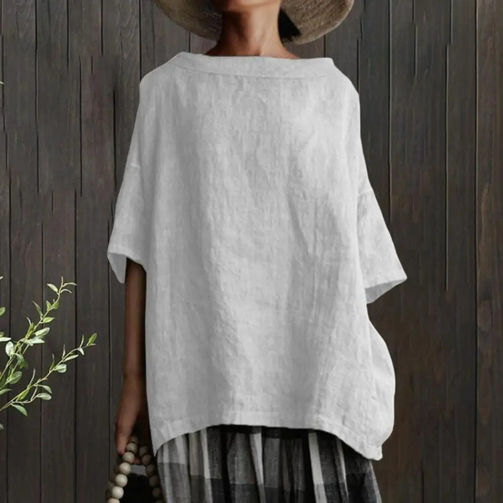 New Cotton And Linen Style Solid Color Loose Women's Wear T-Shirt