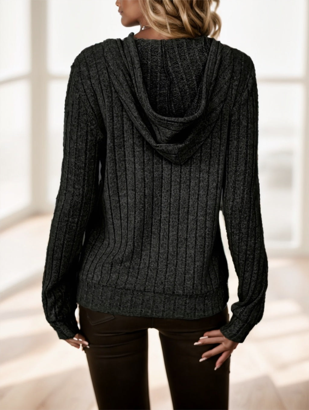 Solid Color Drawstring Ribbed Hoodie