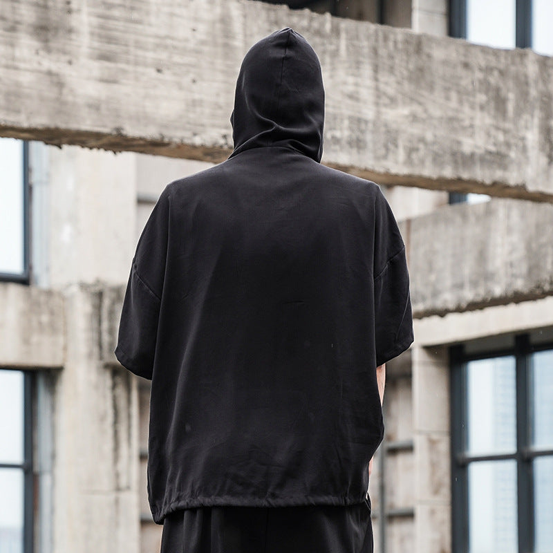 Hooded loose drop shoulder drawstring shirt