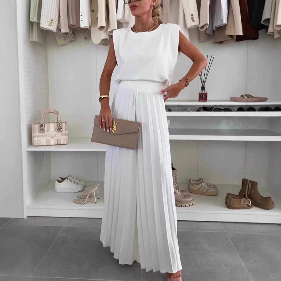 Round Neck Sleeveless Top Pleated Wide-leg Trousers Two-piece Set