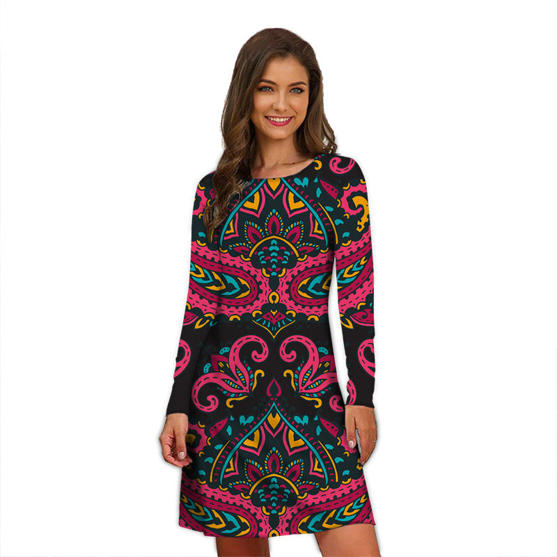 Round Neck Printed Temperament Slimming Small Long Sleeve Dress