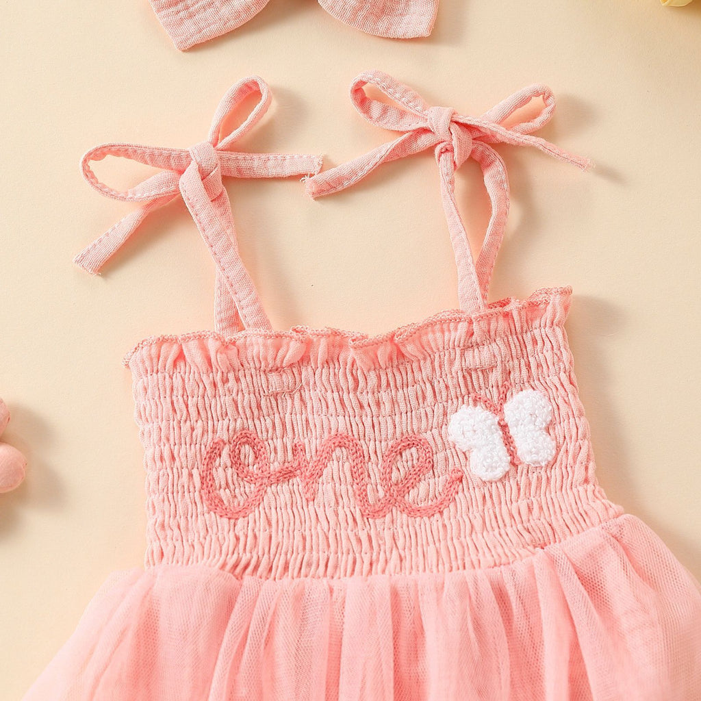 Towel Embroidery Mesh Slip Dress Bowknot Headband Two-piece Set