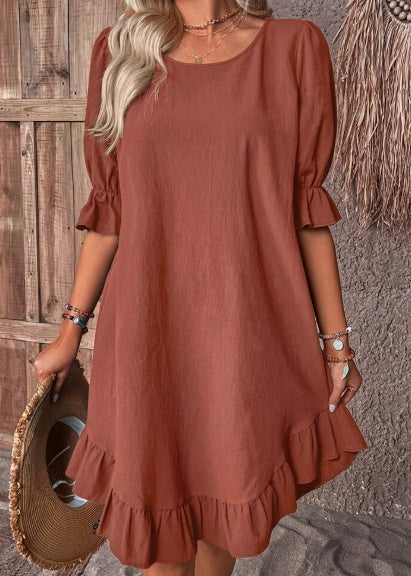 Solid Ruffle Hem Flounce Sleeve Dress