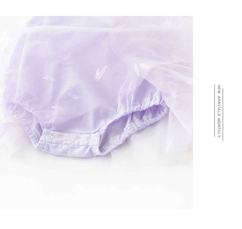 Baby Girl's Antique Style Buckle Mesh Feather Triangle Rompers Infant Onesie Dress