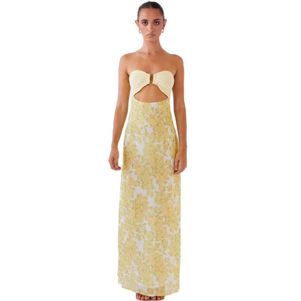 Backless U-shaped Decorative Buckle Printed Dress