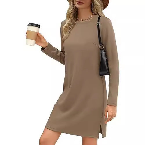 European And American Round Neck Slit Hemline At Hem Sweater Long Sleeve Casual Dress