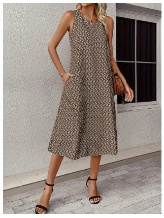 Women's Round Neck Sleeveless Printed Mid-length Dress