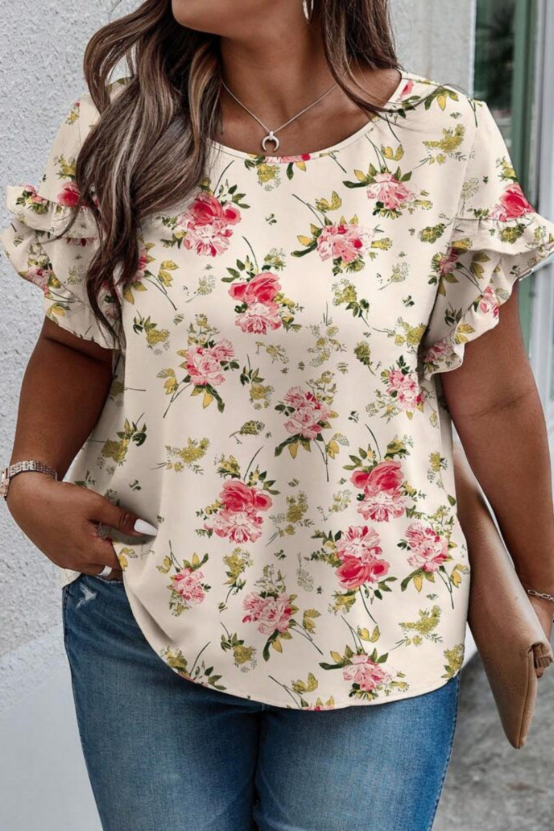 Round Neck Sleeve Stitching Pleating Printed Short Sleeve Casual
