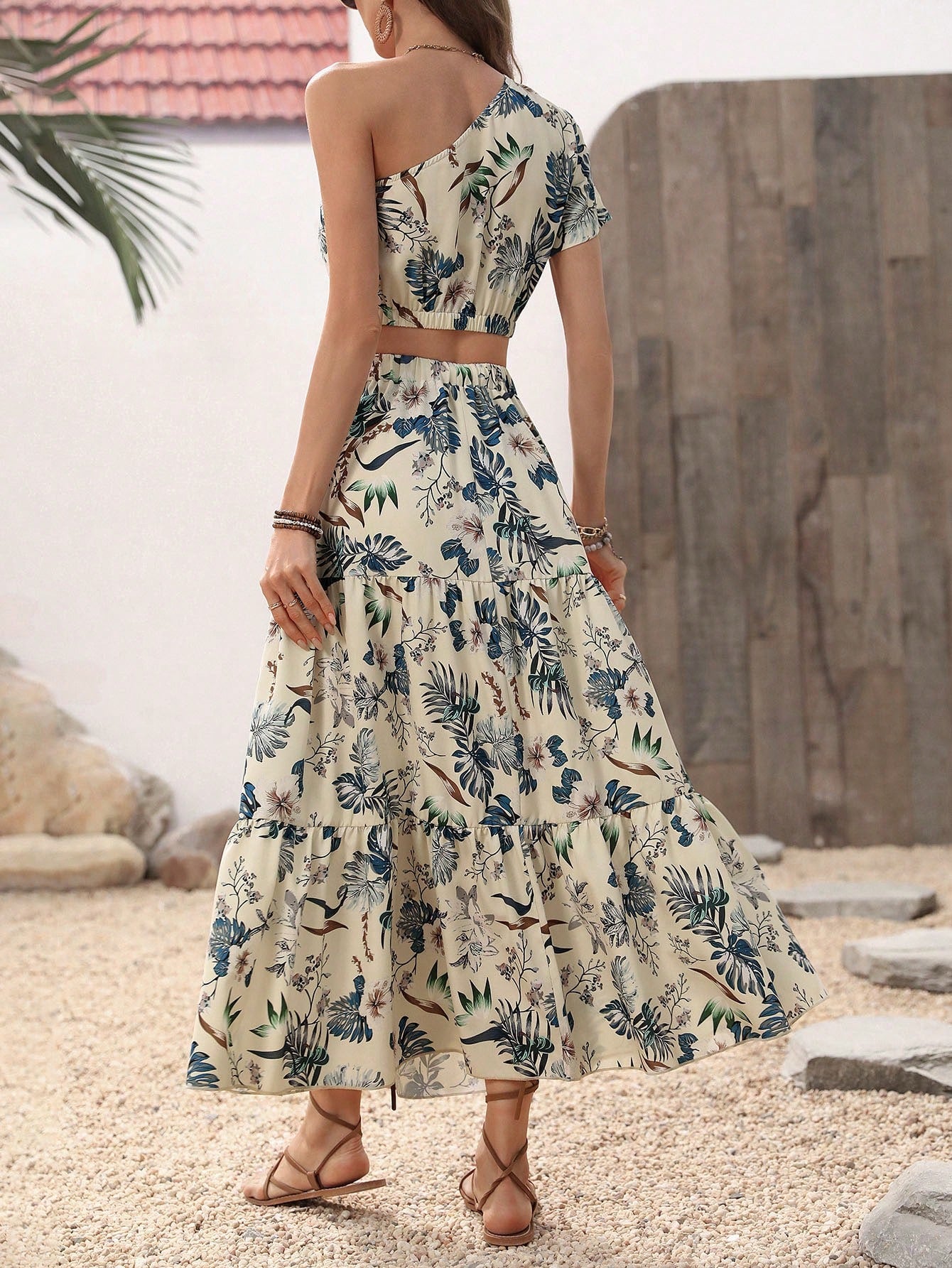 Print Crop One Shoulder Blouse & Ruffle Hem Skirt