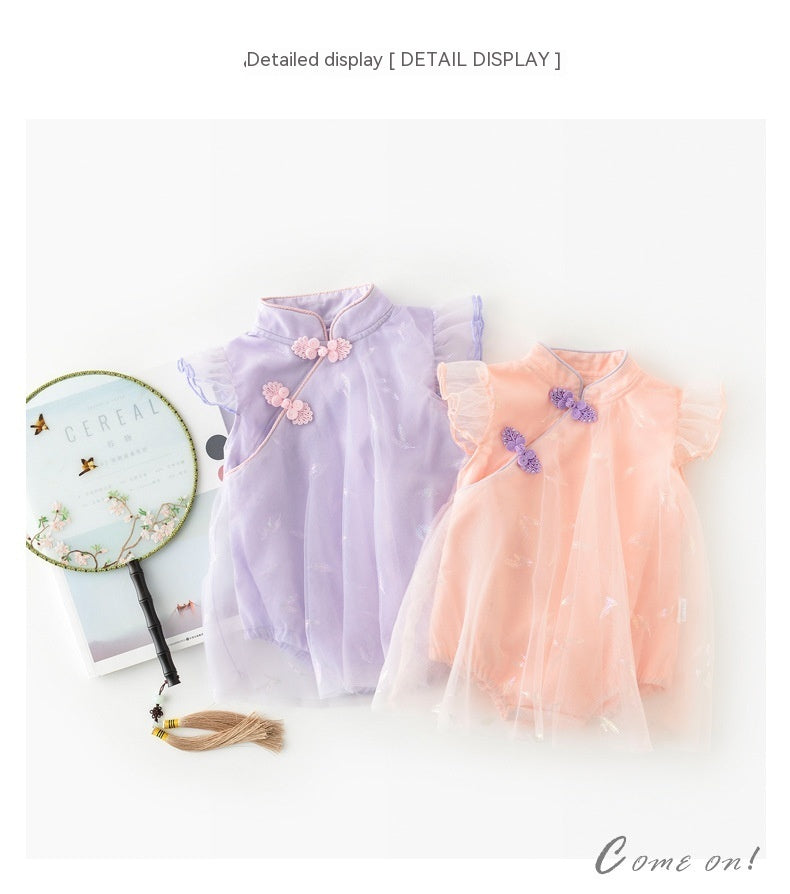 Baby Girl's Antique Style Buckle Mesh Feather Triangle Rompers Infant Onesie Dress