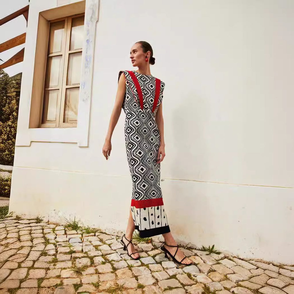 Retro Style Sleeveless Dress Color Collision Design Waist Trimming Printing