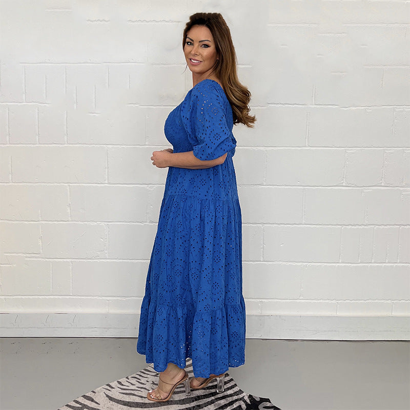 Comfortable Loose High Waist Embroidered Solid Color U Collar Dress For Women