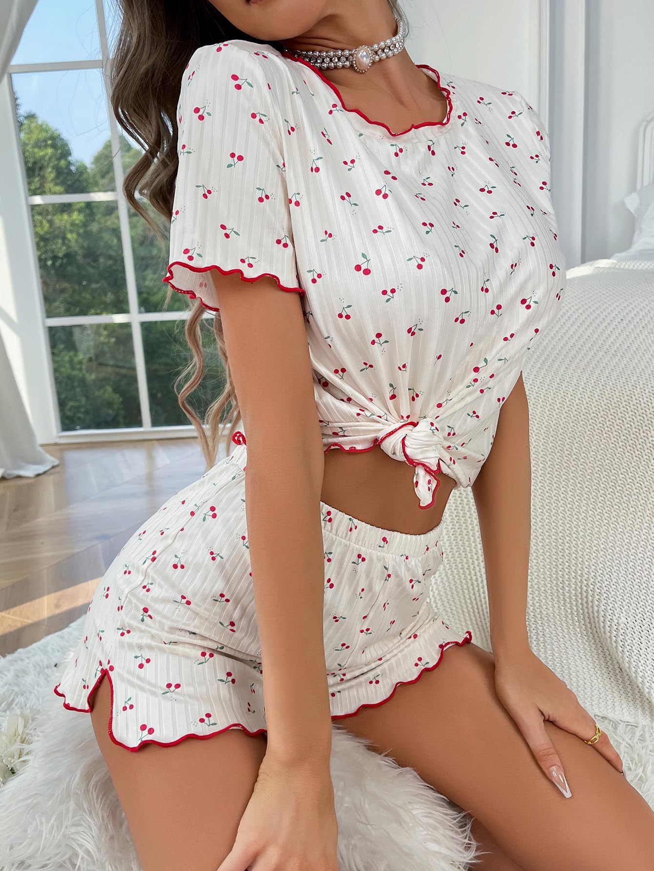 Wooden Ear Cherry Print Short Homewear Suits