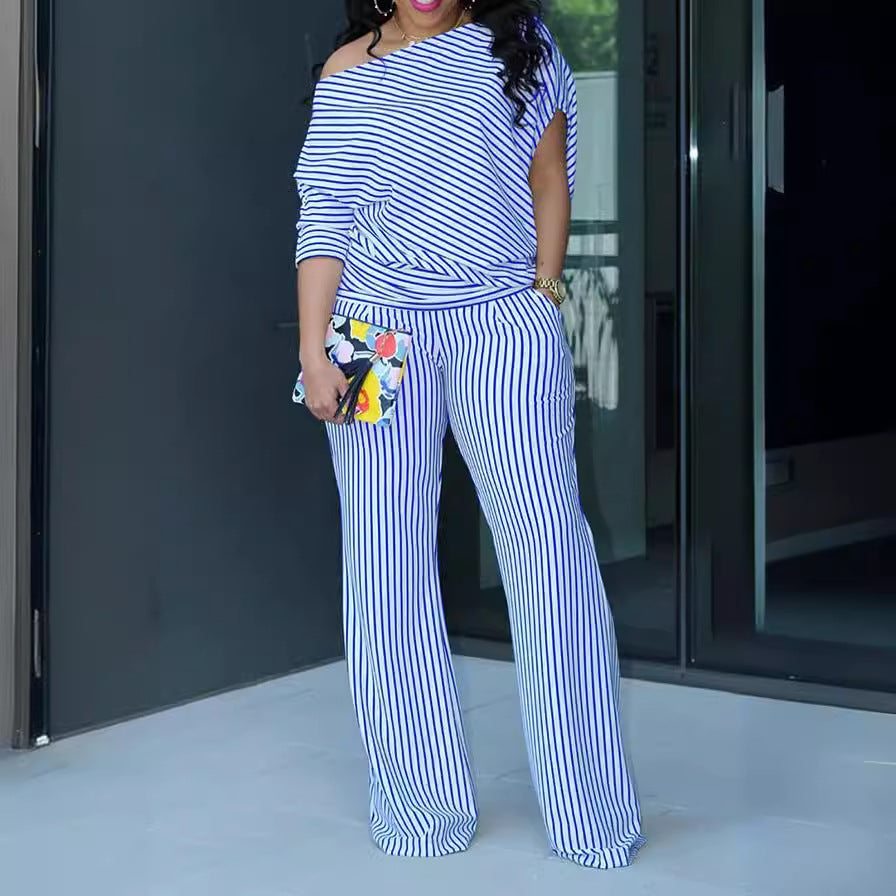 Oblique Shoulder Two Piece Multi Color Set