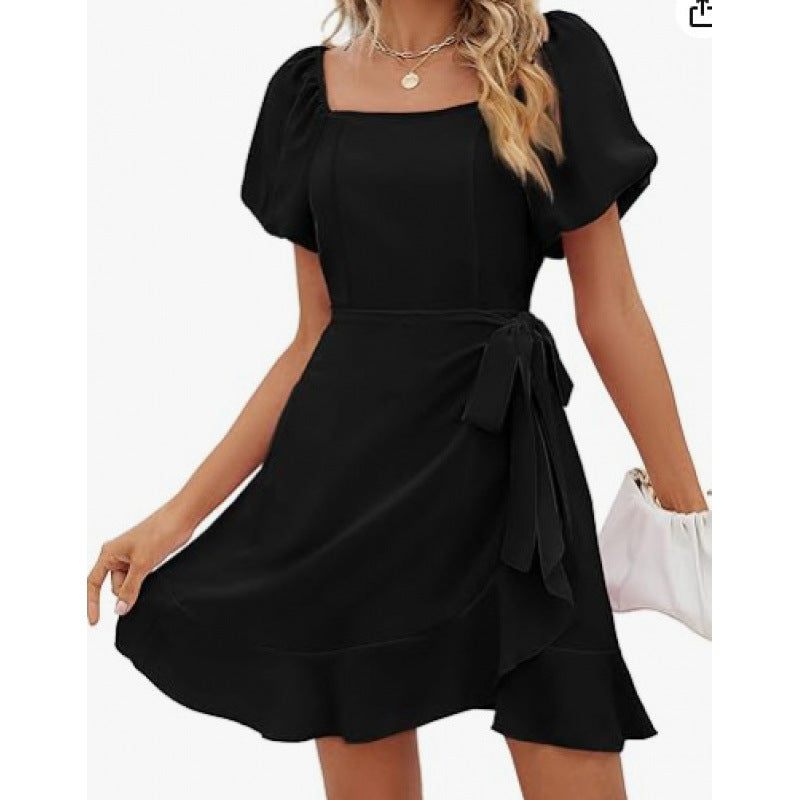 Women's Square Collar Solid Color Puff Sleeve Dress Lace-up Waist