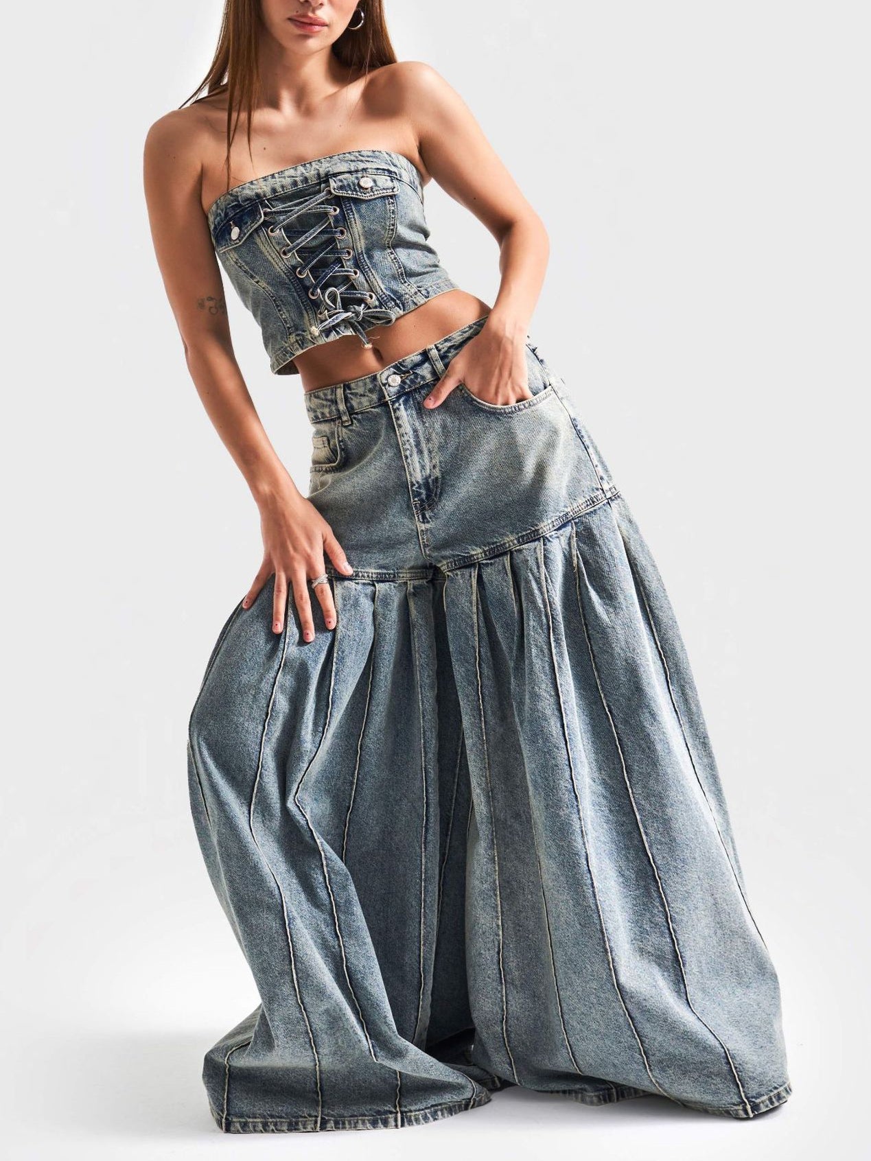 Strapless Denim Corset Crop Top & High - Waisted Pleated  Wide - Leg Pants Set