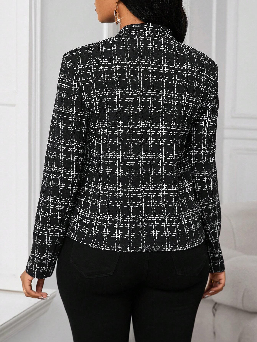 Lady Women's Elegant Elegant Plaid Print Open Front Blazer Jacket