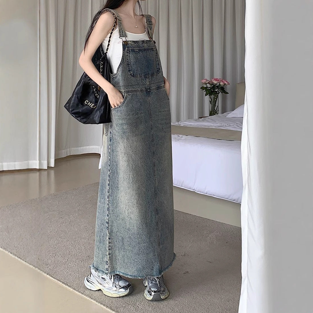 All-matching Retro Anti-aging Sleeveless Strap Dress Women's Spring And Summer Leisure Loose Slimming And Straight Denim Long Skirts