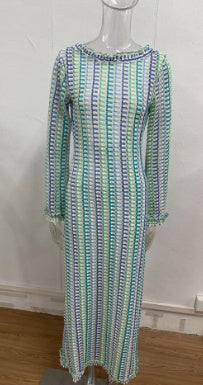 Popular Contrast Color Lace Backless Long Sleeve Dress