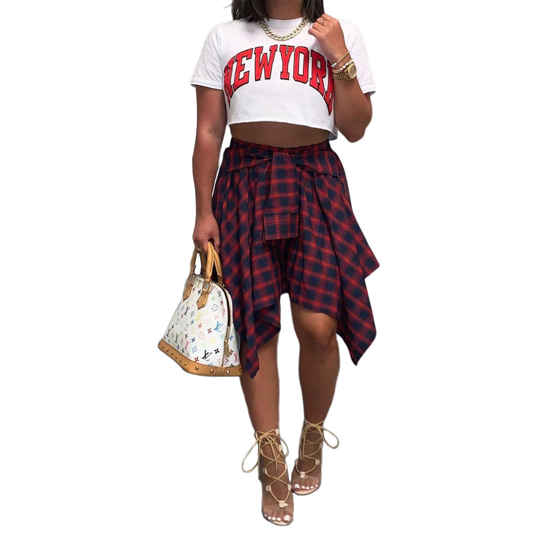 Women's Fashion Irregular Plaid Tied Sleeve Shirt Skirt