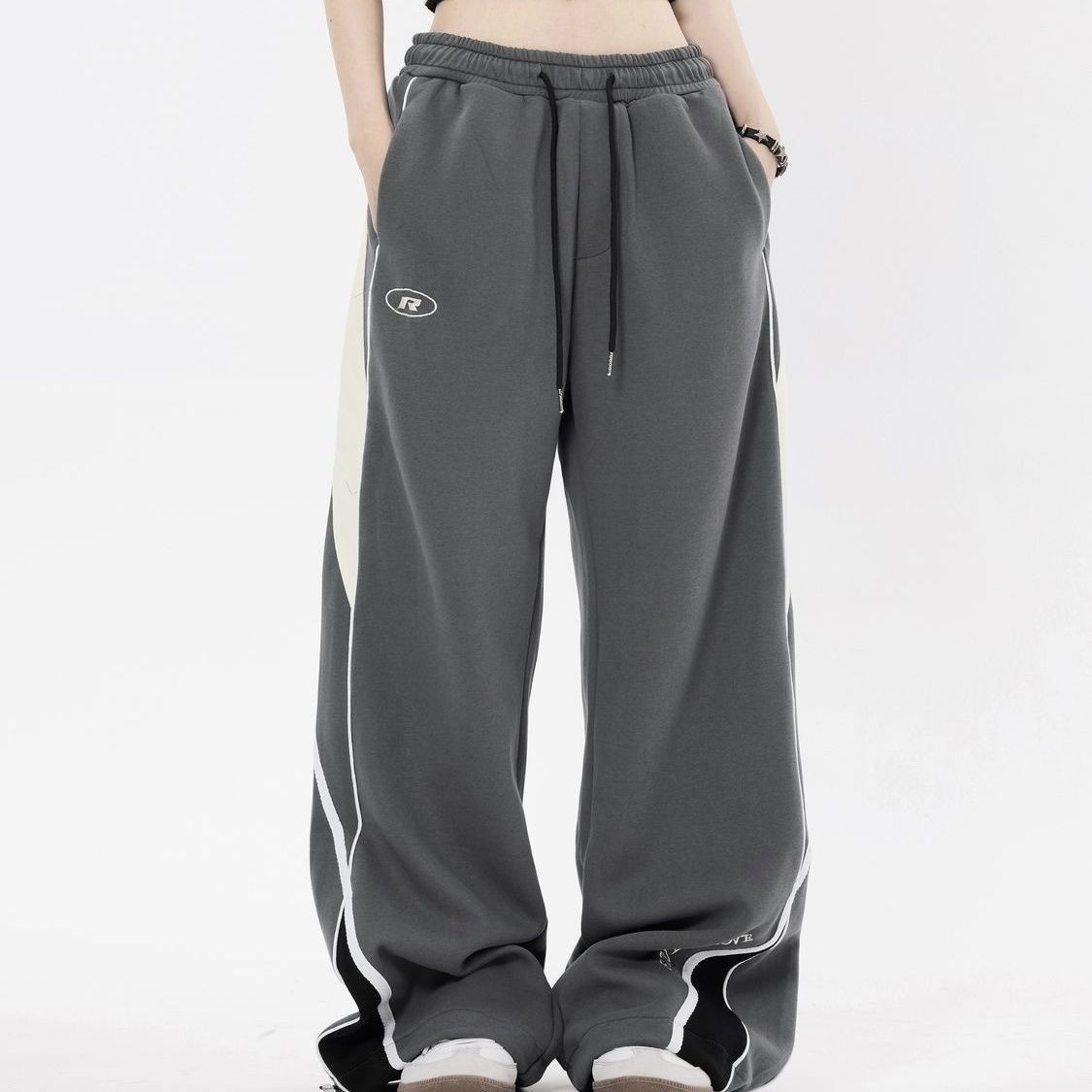 Retro Sports Pants Female Contrast Color Striped Design Straight Wide Leg Pants Loose Casual