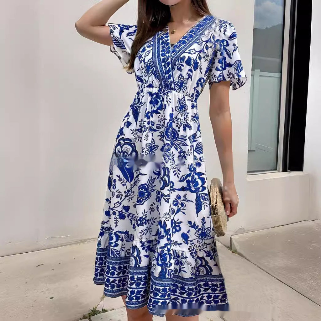 Bohemian Dress Leisure Holiday Floral Print Short-sleeved Midiskirt