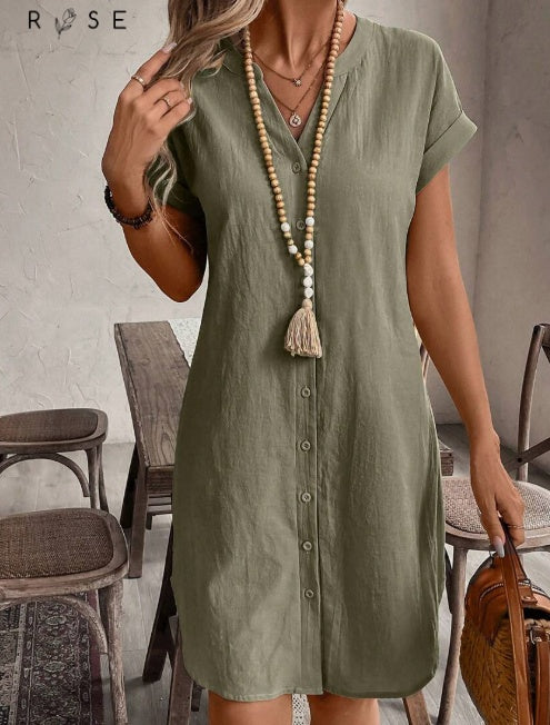 Solid Notched Button Front Batwing Sleeve Shirt Dress