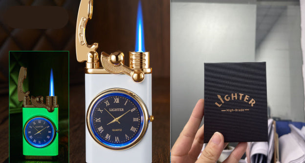 New Lighter With Electric Watch Rocker Arm Automatic Ignition Straight Blue Flame Lighter Creative Real Dial Inflatable Windproof Lighter Men's Watch Gift