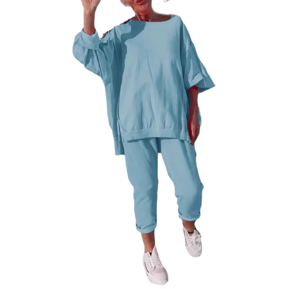 Casual Solid Color Round Neck Long Sleeve Top Two-piece Pants