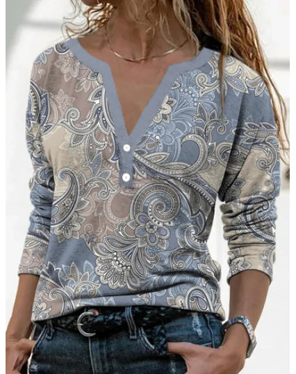 Women's Casual Ethnic Style V-neck Long-sleeved T-shirt