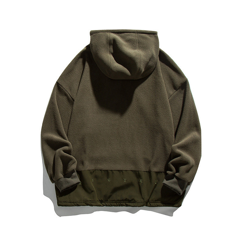 Solid Color Polar Fleece Hooded Sweater Retro Stitching Embroidery Hoodie