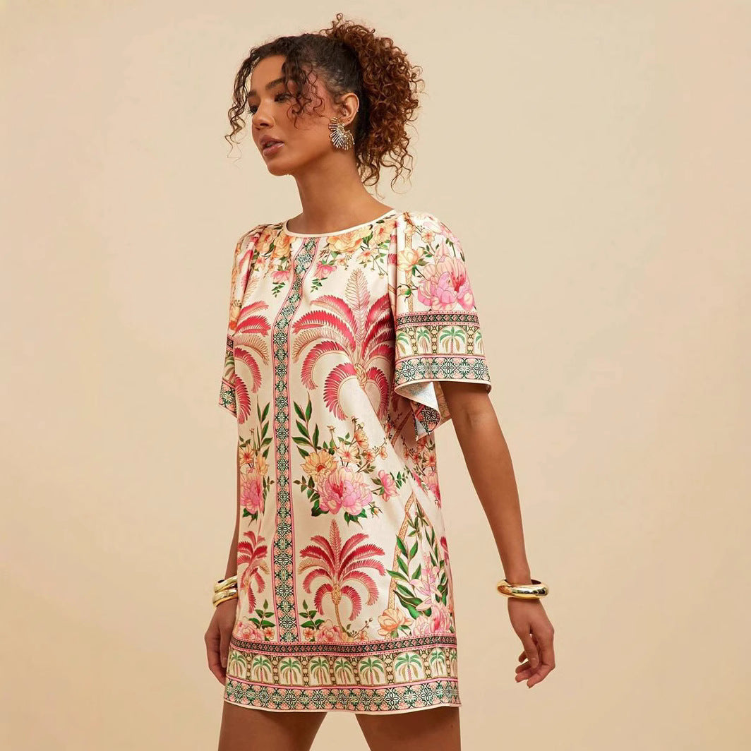 Fashion Retro Crew Neck Horn Printing Dress