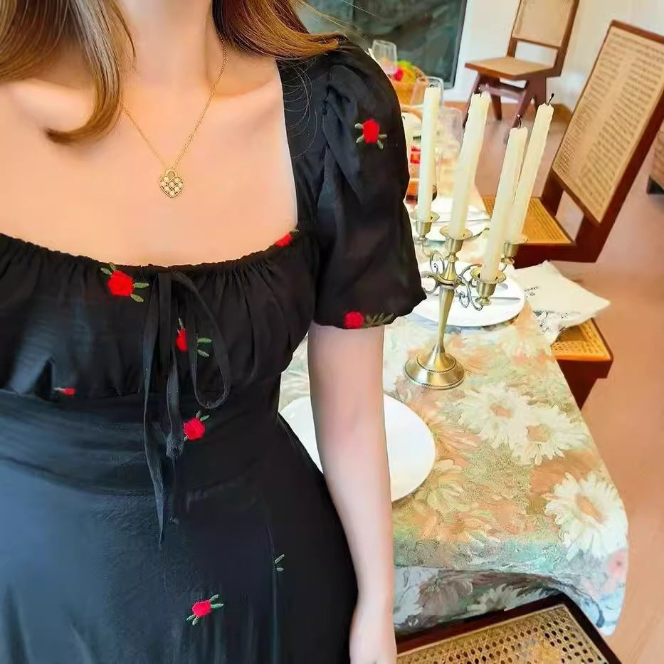 Mori Style French Dress Stunning Black Square Collar Floral Dress