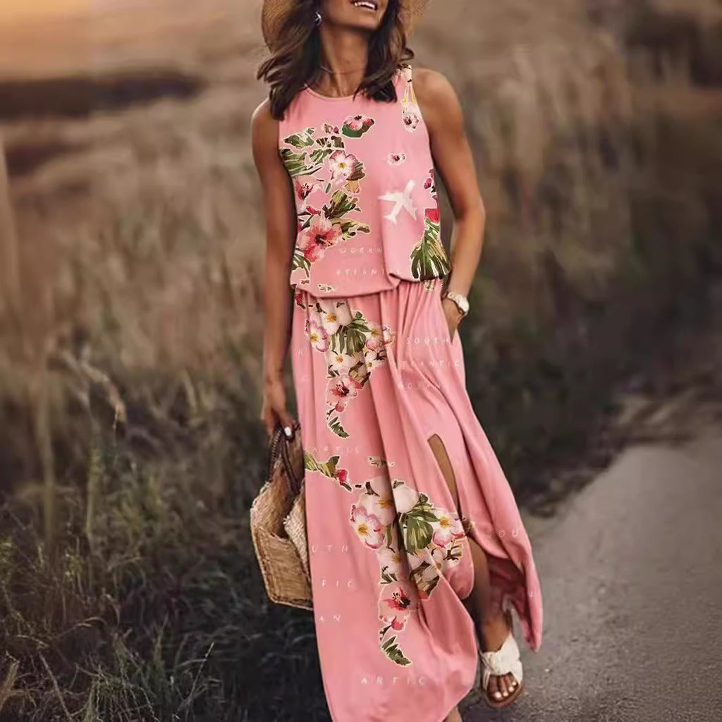 Sleeveless Printed Sling Long Women's Loose Split Dress