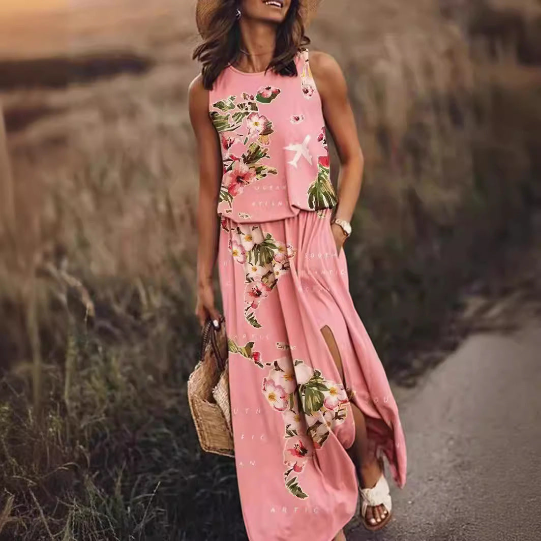 Sleeveless Printed Sling Long Women's Loose Split Dress