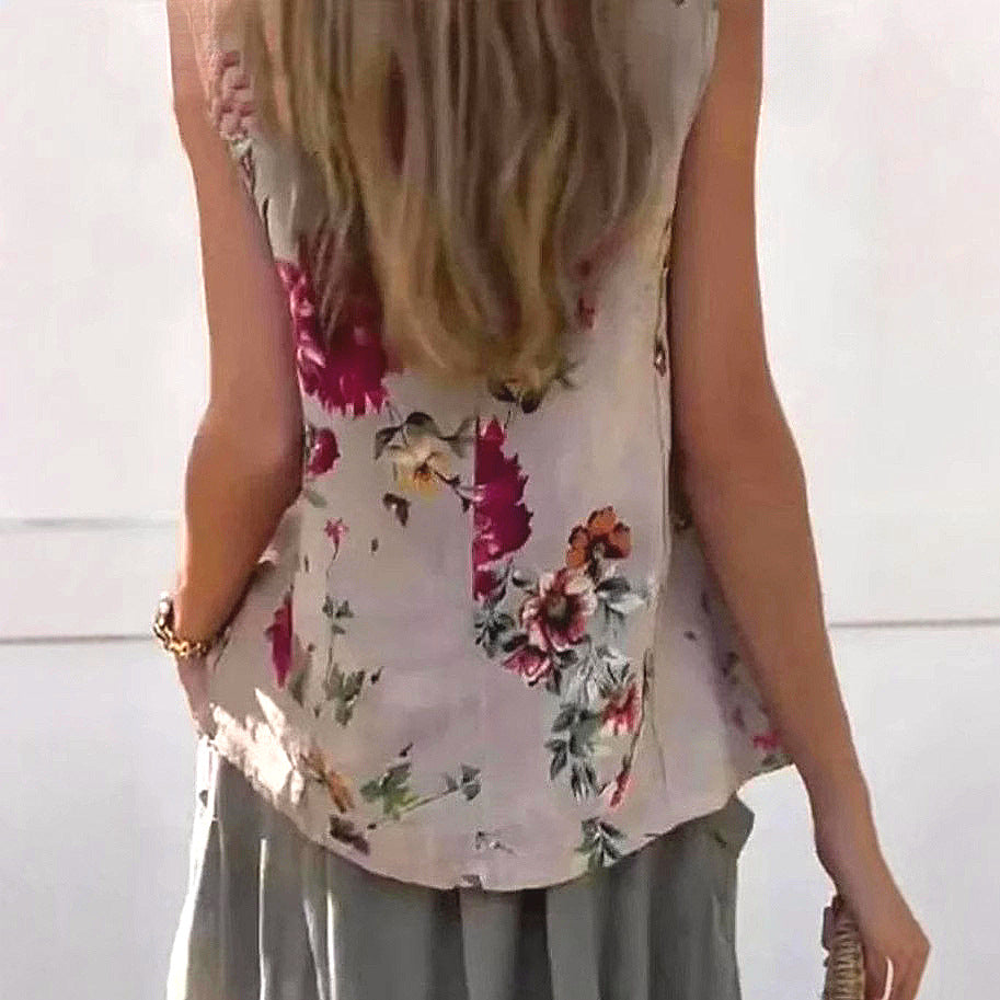 Round Neck Vest Casual Chinese Style Floral Cotton Linen